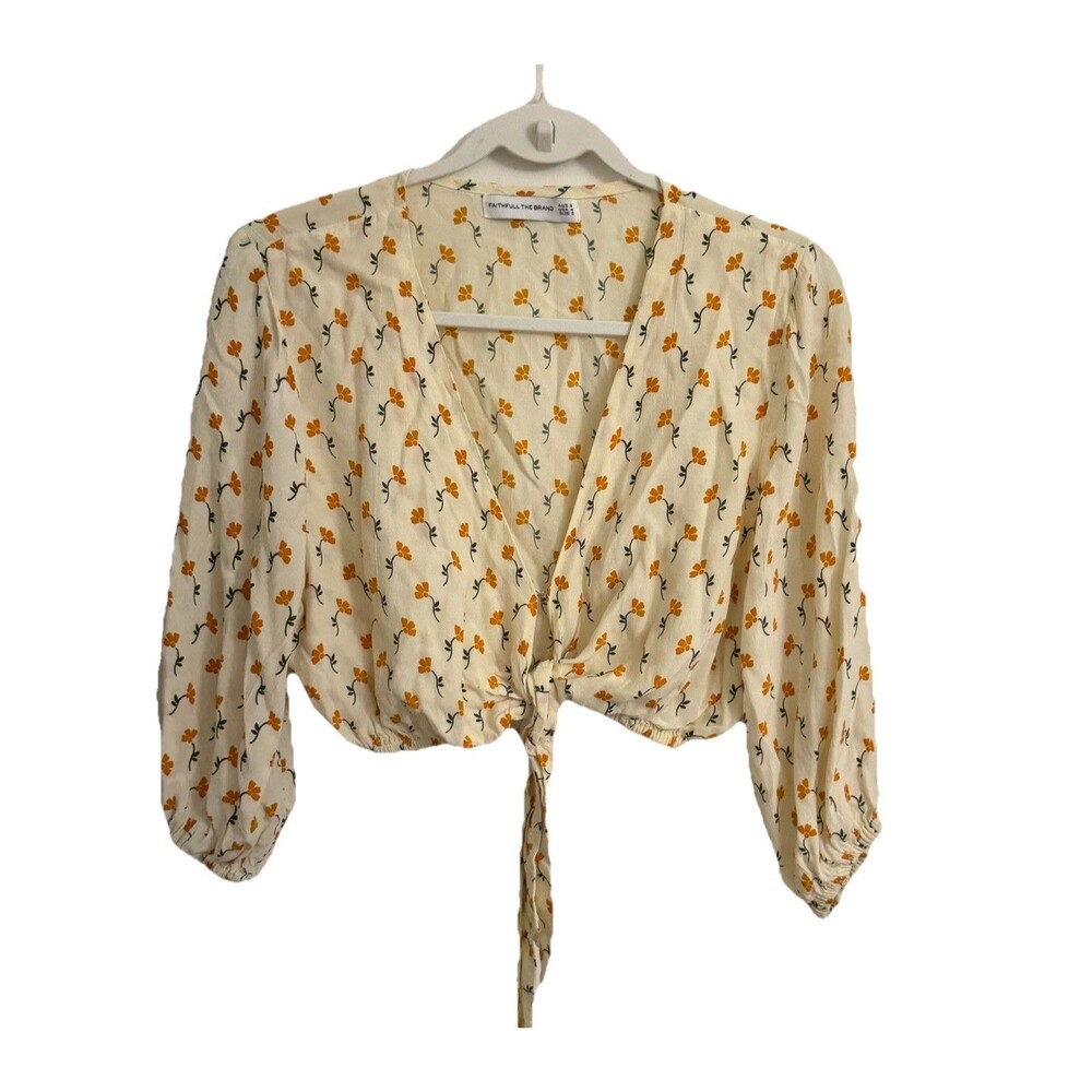 Faithfull The Brand La Guardia Crop Top Small Ivory Orange Marje Floral Tie
